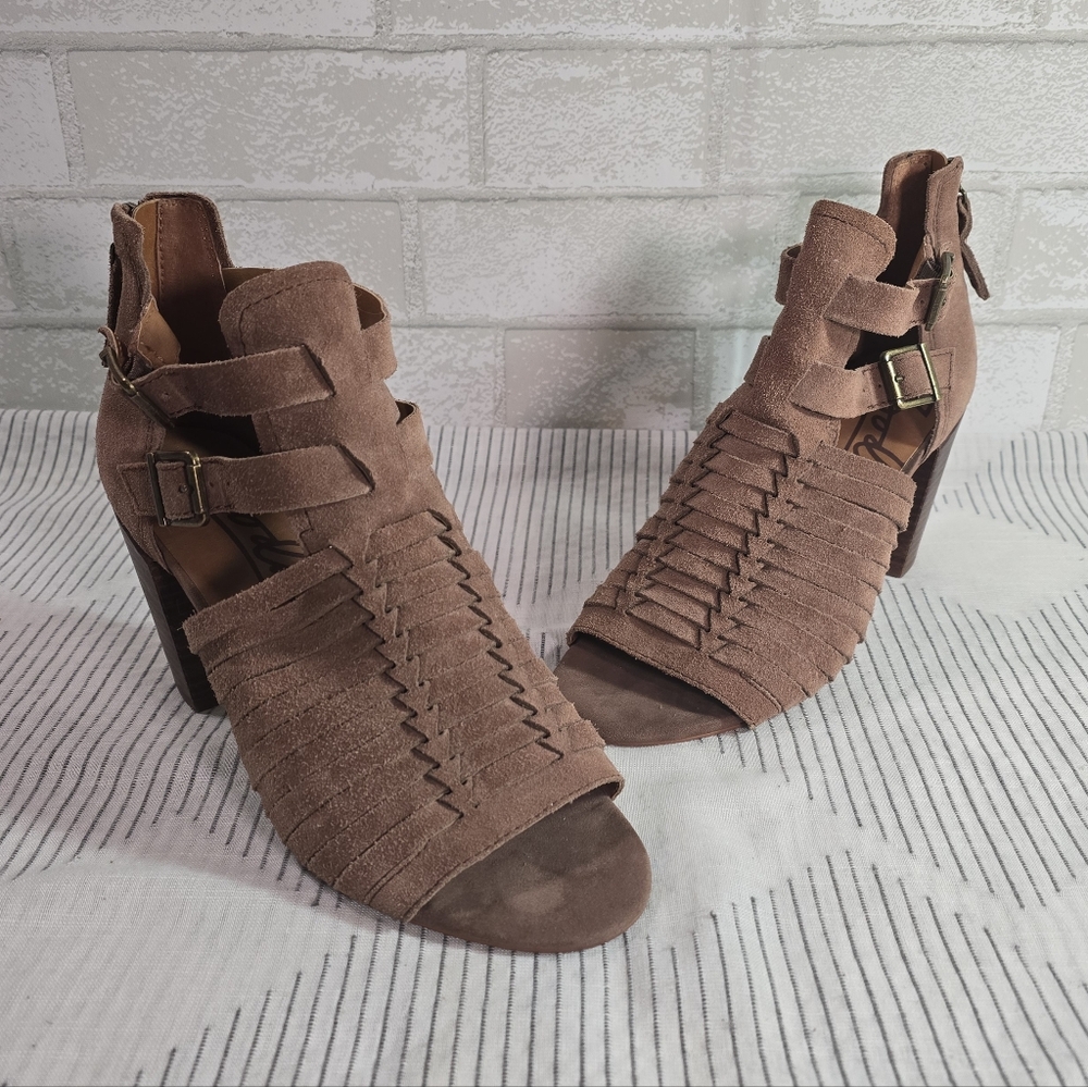 Zodiac Light Brown Suede Leather Woven Sandal Heels